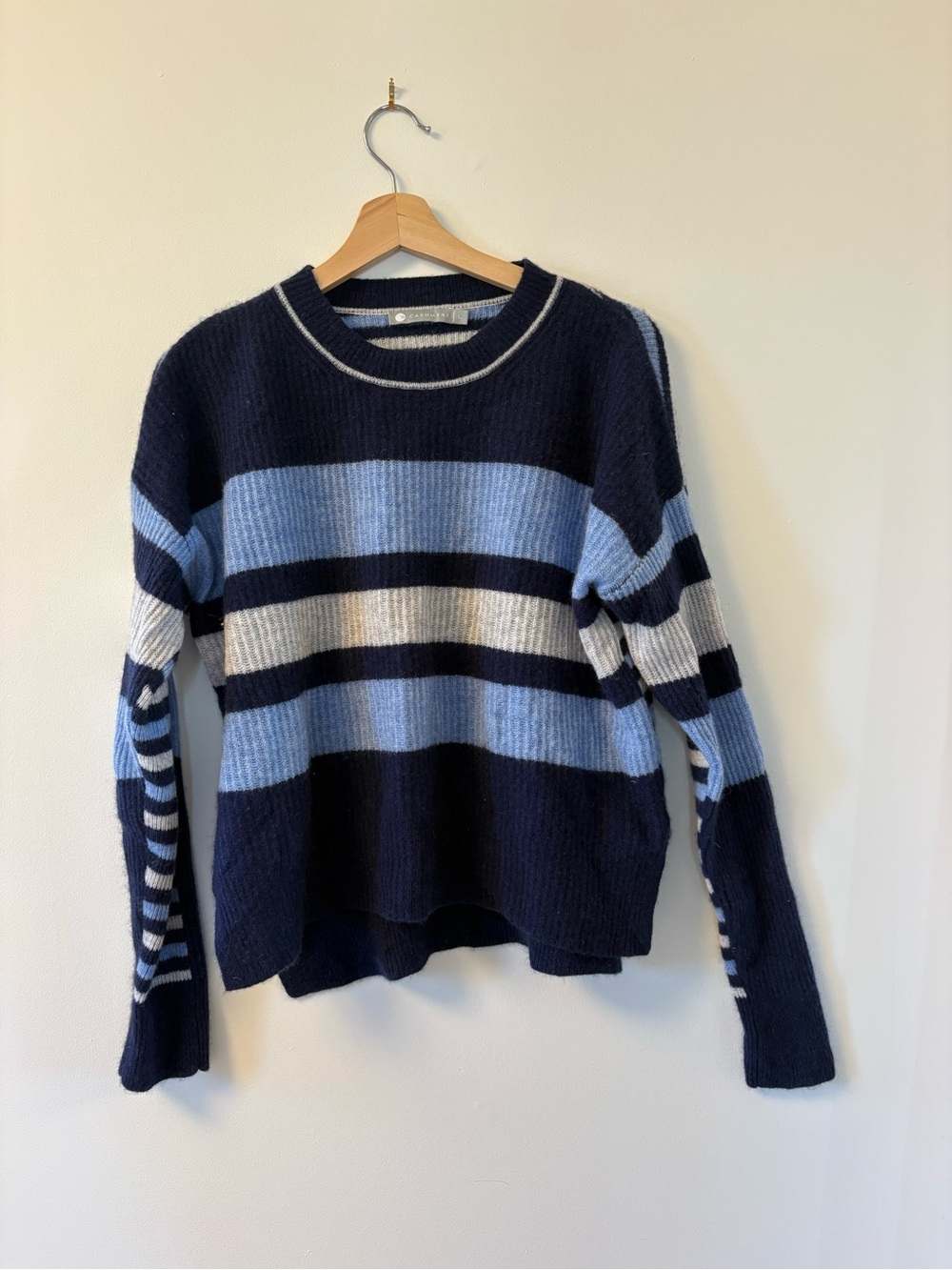 In Cashmere Striped Crewneck Sweater in Navy and Light Blue
